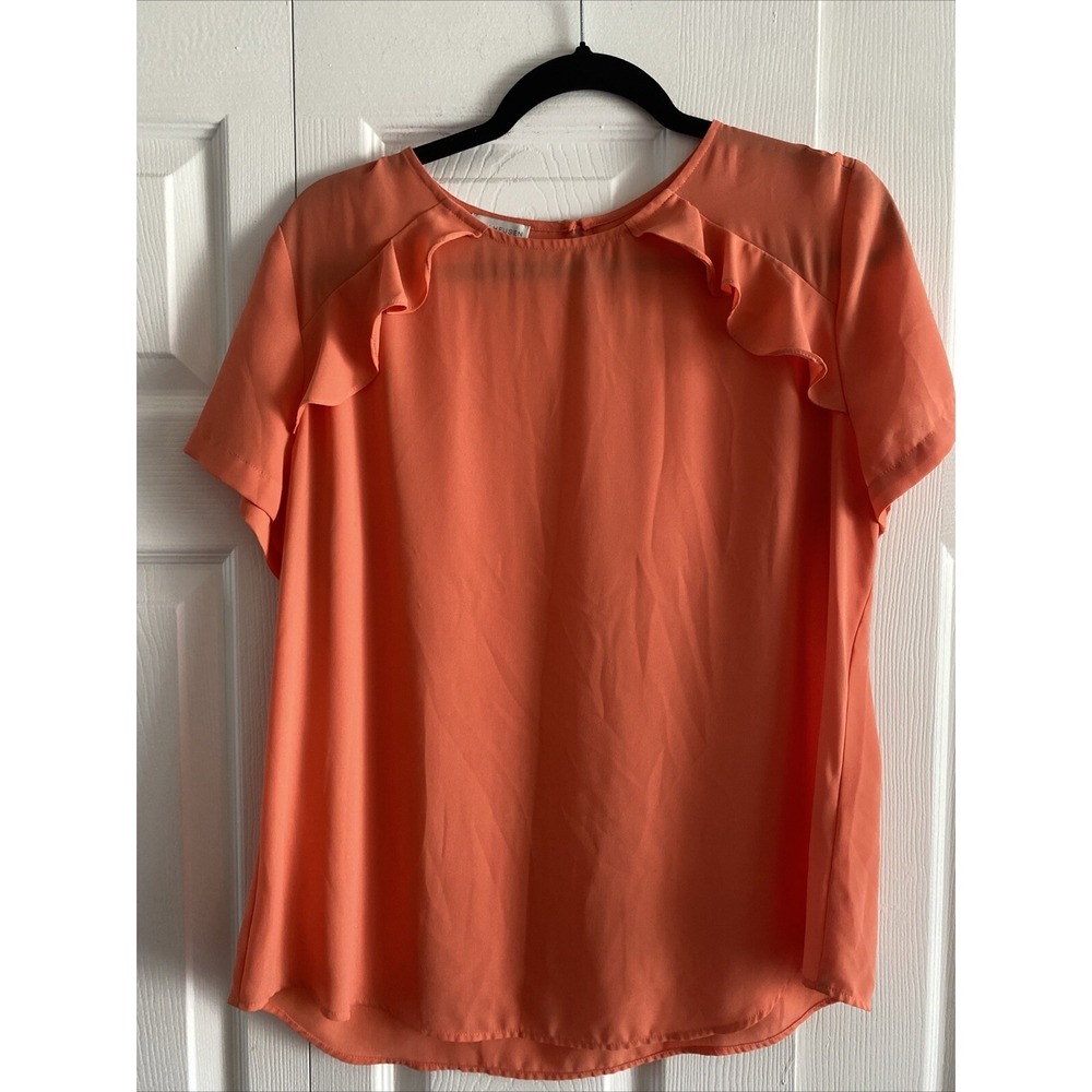 Van Heusen Ruffle Front Blouse Womens Size L Coral Short Sleeve Chiffon Corp